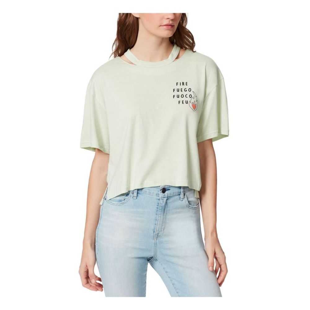 FRAYED JEANS Womens Green Front Hem Vents Short Sleeve Crew Neck T-Shirt M